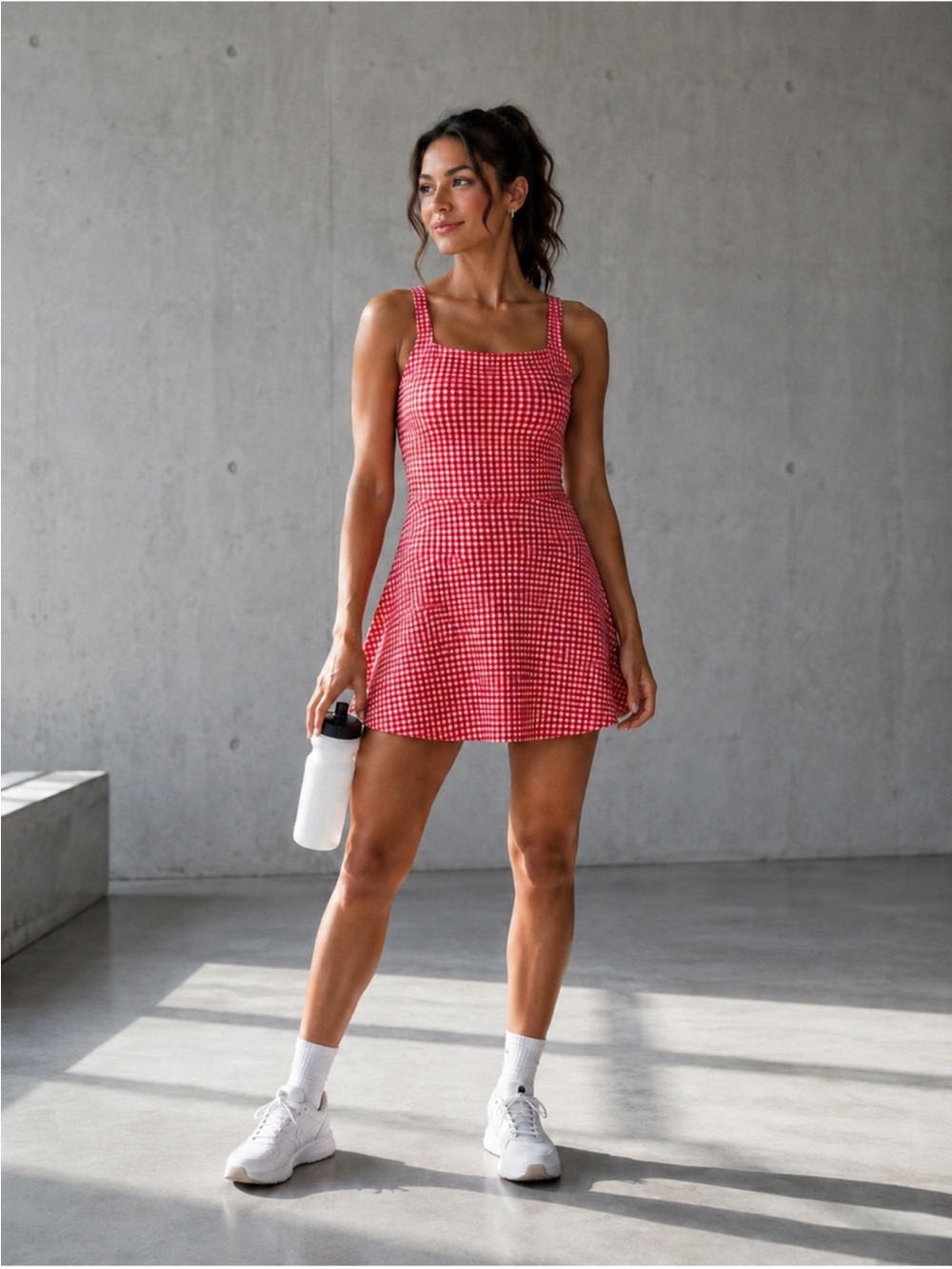Abercrombie YPB sculptLUX Squareneck Active Dress Red Gingham Picnic skort